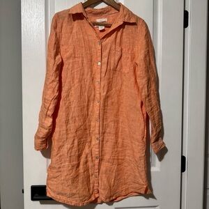 100% Linen Long-Sleeved Button Down Dress Beach Coverup Orange Size Medium